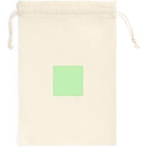 A cream drawstring bag with a square area marked for branding or customization. It features a logo on the front.