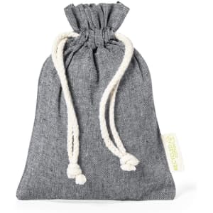 A drawstring bag in grey fabric with cream-coloured cords and a small tag.