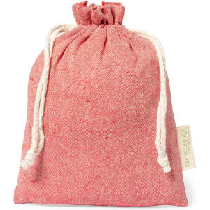 A red drawstring bag made from recycled material, featuring a natural-coloured cord for closure and a small branding tag.