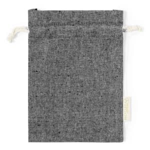 A grey drawstring bag with a textured fabric and natural twine drawstring, featuring a small logo tag.