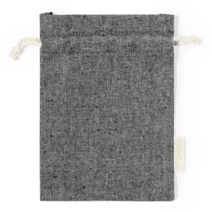 A grey drawstring bag with a textured finish and a logo label on the side.