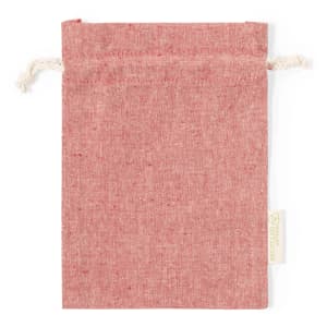 A drawstring bag in a soft pink hue made from textured fabric, featuring a natural string closure and a small logo.