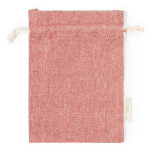 A drawstring bag in a soft rose colour, made from recycled material, featuring a natural drawstring closure.