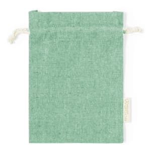 A green drawstring bag with a slightly textured finish and a woven label, featuring a simple design and natural drawstrings.