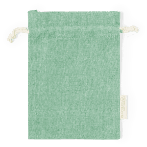 A green drawstring bag made from recycled material, featuring a logo on the side.