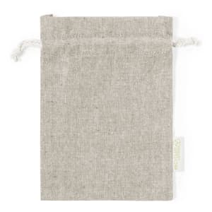 A drawstring bag in a light grey shade, featuring a simple design and a branding tag.