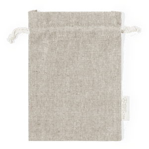 A drawstring bag in a light beige colour, featuring a textured fabric and a small logo on the side.