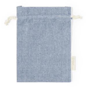 A light blue drawstring bag made of fabric, featuring a small tag and a drawstring closure at the top.