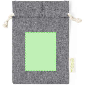 A grey drawstring bag with a green blank area and a tag indicating it's made from recycled materials.