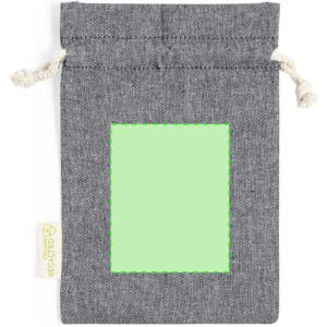 A grey drawstring bag features a blank green area and decorative tie closures at the top.