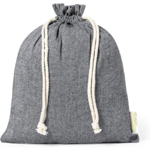 A drawstring bag in grey fabric with natural-coloured cords and a small logo tag.