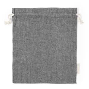 A grey drawstring bag with white ties, featuring a simple design and a small branding label.