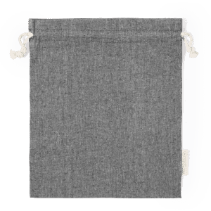 A grey drawstring bag with a simple, textured design and a matching cord closure. It features a branding label.