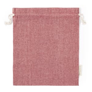 A drawstring bag in a muted red colour, featuring light-coloured drawstrings and a subtle texture.