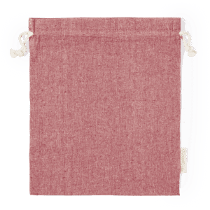 A drawstring bag in a muted red colour, featuring a simple design and a logo on the side.