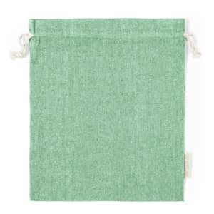 A green drawstring bag with a textured fabric finish, featuring ties at the top and a logo on the side.