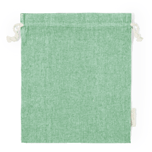 A green drawstring bag made of a textured fabric, with cinched ties at the top and a visible logo.