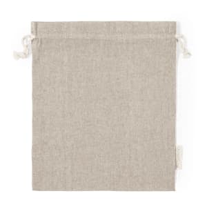 A light grey drawstring bag made from fabric, featuring a simple design and a logo tag on the side.