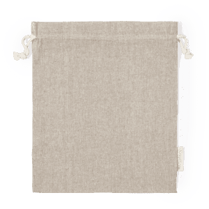 A beige drawstring bag with two cords at the top and a small logo on the side.