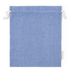 A blue drawstring bag made of fabric, featuring a simple design and a natural-coloured tie.