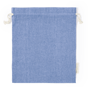A blue drawstring bag made of fabric, featuring natural-coloured drawstrings and a small branding tag.