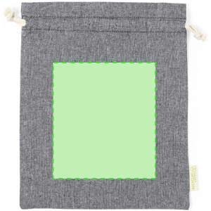 A grey drawstring bag with a square design area in the centre. The bag features a logo.