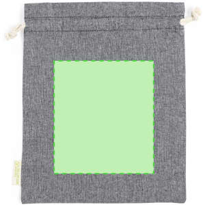 A grey drawstring bag with a textured finish and a blank green area in the centre. It features a logo at the side.