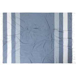A blue and white beach mat with fringed edges, featuring striped patterns across its surface.