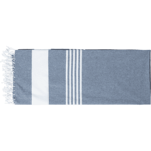 A grey beach mat with white stripes and fringed edges, featuring a logo on one side.