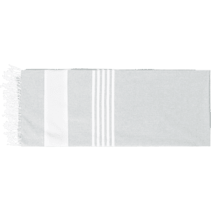 A grey beach mat with white stripes and tassels on one end, suitable for outdoor leisure.