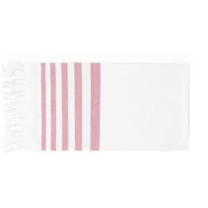 A white bath towel with pink stripes and fringed edges, featuring a logo or branding.