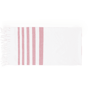 A pink and white striped towel with fringed edges, featuring a logo in one corner.