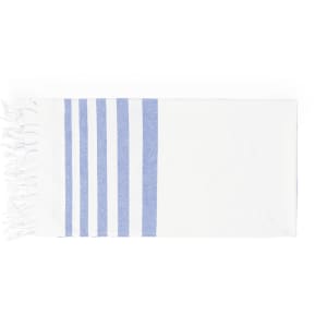 A white towel with blue stripes and tassels at one end, designed for bath use. It features a logo.