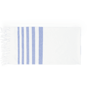 A light blue and white towel with stripes, featuring fringed edges and a smooth texture. It has a logo.