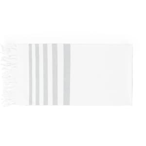 A white towel with grey stripes and fringed edges, designed for personal bath use.