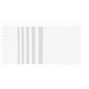 A white towel with grey stripes and fringed edges, designed as the "Sally Towel Pareo" for bath use.