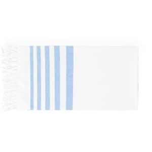 A white towel with blue stripes and fringed edges. It has a branding logo on one side.