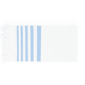 A bath towel featuring white and light blue stripes, neatly folded with fringed edges. It has a logo on it.