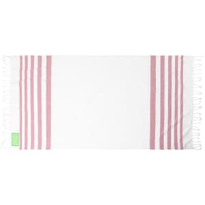 A white towel with pink stripes and fringed edges, featuring a logo on one side.