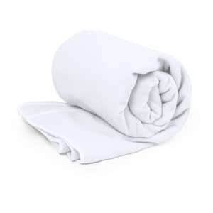 A white rolled towel with a flat section, designed as an absorbent cooling towel for leisure and outdoor activities.