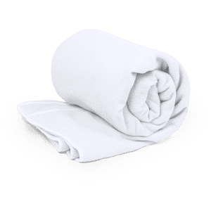 A rolled white absorbent towel with textured fabric, designed for leisure and outdoor activities.