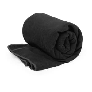 A black absorbent towel rolled up neatly with an additional layer unfolded beside it. It has a simple design and includes a logo.
