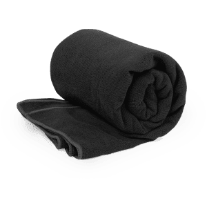 A rolled black absorbent towel with a textured surface, featuring a contrasting edge. It has a logo.