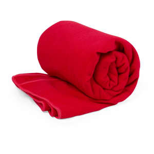 A rolled red absorbent towel with a smooth texture, featuring a simple design and a logo.