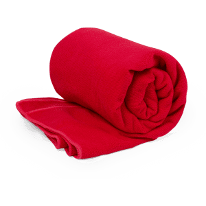 A rolled red absorbent towel, designed for leisure and outdoor activities, with an additional layer visible.