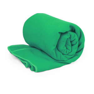 A rolled green absorbent towel, designed for leisure and outdoor activities, features a smooth texture and has a logo.