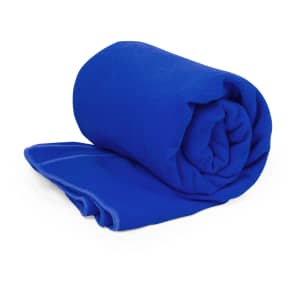 A blue absorbent towel, neatly rolled, designed for cooling during leisure and outdoor activities. Features a logo.