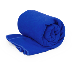 A rolled, absorbent towel in vibrant blue, made for leisure and outdoor activities, featuring a simple design.