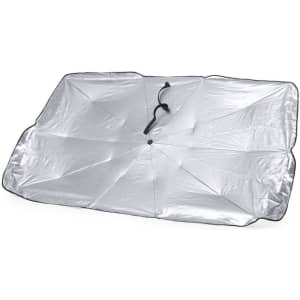 A silver sunshade with a black trim, featuring an octagonal design and a central fastening point.
