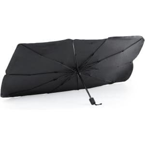 A black sunshade that opens up with a curved shape, featuring a central support and a logo on the fabric.
